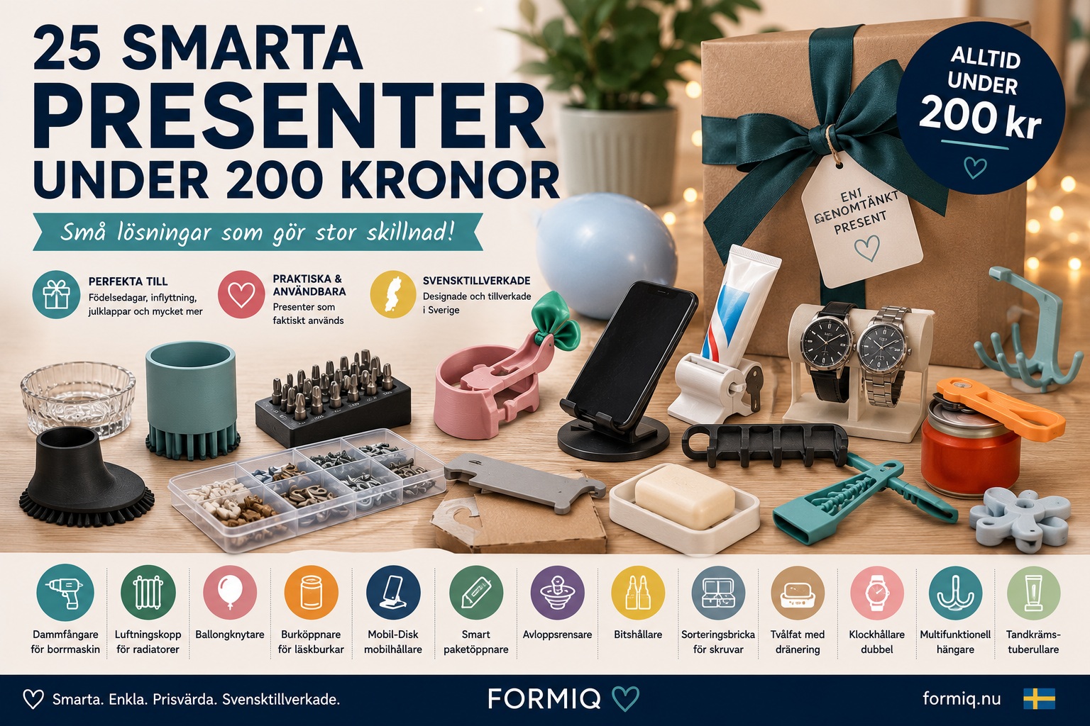 Illustration till Formiqs artikel "25 smarta presenter under 200 kronor som faktiskt används". Bilden visar ett urval av svensktillverkade vardagsprodukter och smarta problemlösare arrangerade runt ett inslaget paket på ett ljust bord. Produkterna representerar praktiska presenttips för hemmet, köket, badrummet, verkstaden och hemmakontoret, där varje produkt är utformad för att lösa ett konkret vardagsproblem. Bland produkterna finns dammfångare för borrmaskin, luftningskopp för radiatorer, ballongknytare, burköppnare för läskburkar, Mobil-Disk mobilhållare, smart paketöppnare, avloppsrensare, bitshållare, sorteringsbricka för skruvar, tvålfat med dränering, dubbel klockhållare, multifunktionell hängare och tandkrämstuberullare. Bilden förmedlar Formiqs idé om att de bästa presenterna inte behöver vara dyra – de ska vara genomtänkta, användbara och göra vardagen enklare. Artikeln lyfter prisvärda presenttips under 200 kronor som passar till födelsedagar, inflyttningsfester, julklappar, mors dag, fars dag och till personer som redan har allt.
