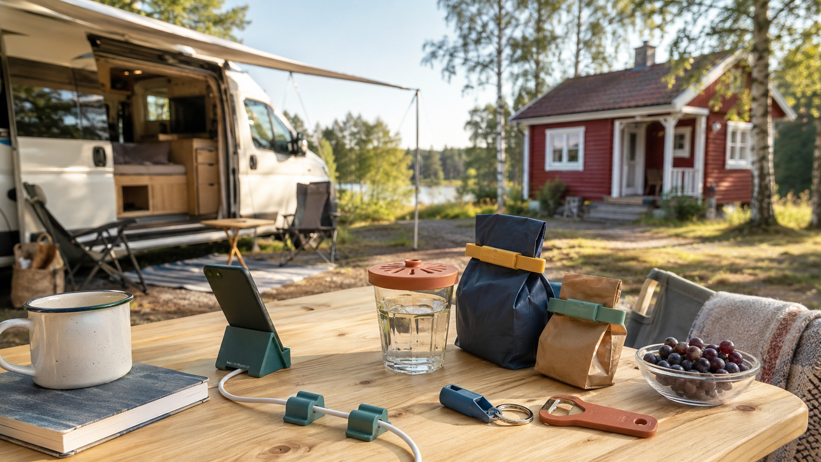 Smarta 3D-printade vardagsprodukter på ett campingbord framför en husbil och en svensk sommarstuga.