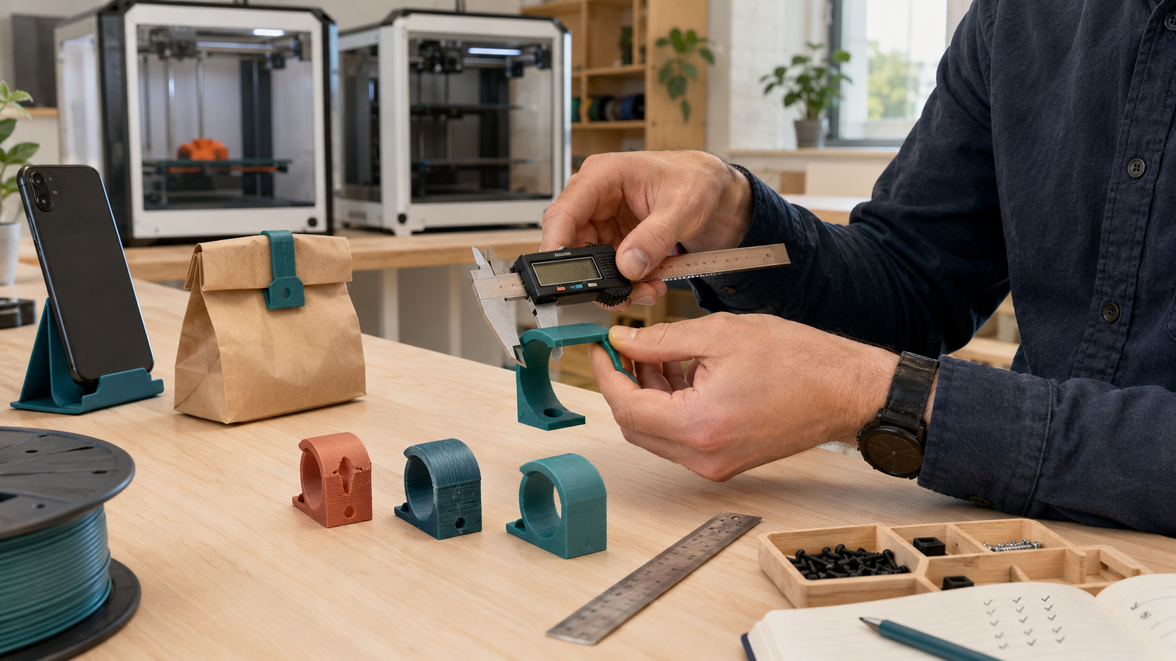 En 3D-printad produkt mäts med digitalt skjutmått i Formiqs produktionsmiljö, med prototyper och 3D-skrivare i bakgrunden.