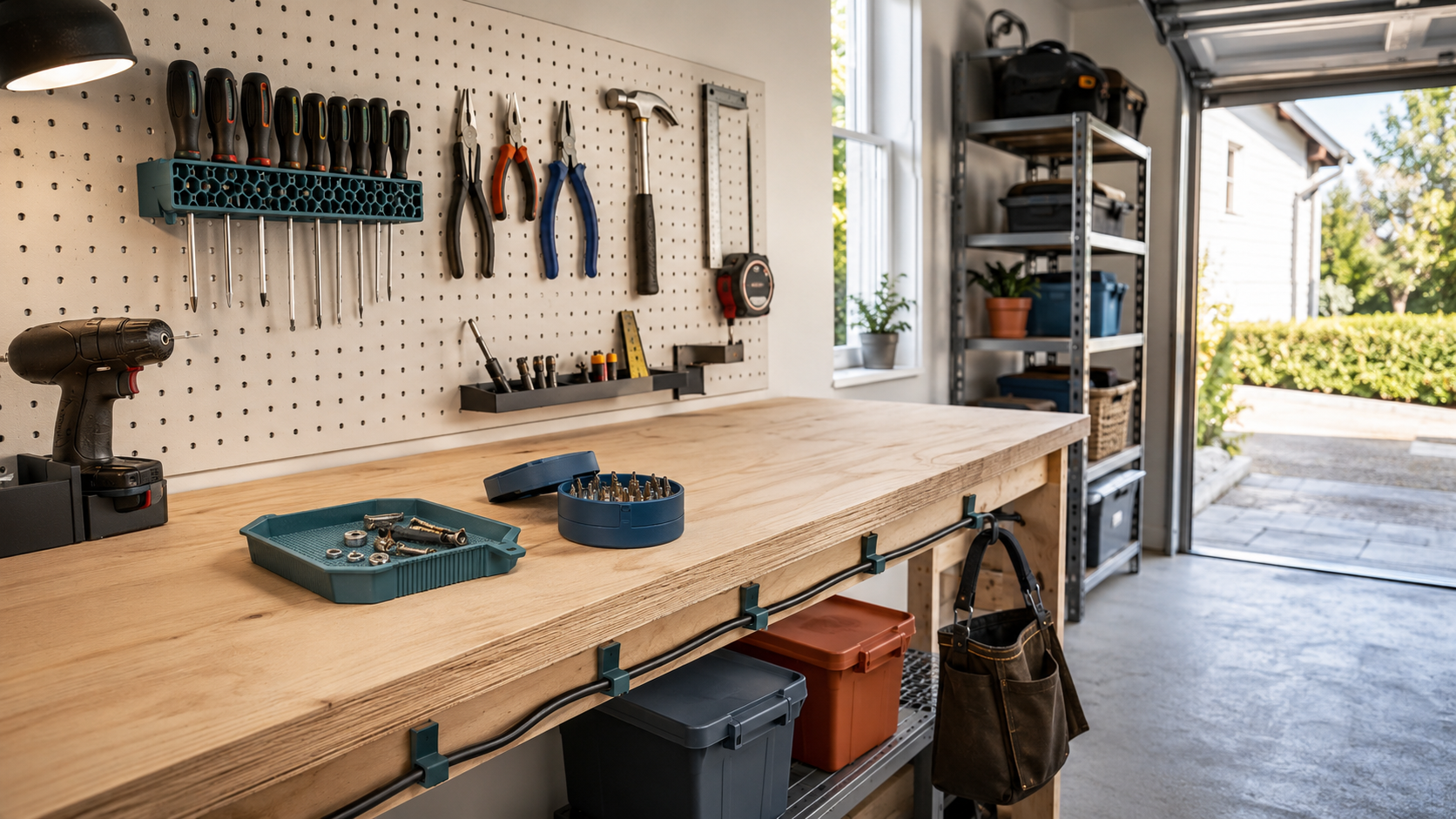 Välorganiserat garage med verktygstavla, skruvmejselhållare, sorteringsbricka, bitsförvaring och kabelklämmor.