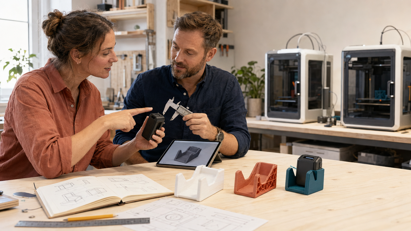 En kund och produktutvecklare diskuterar en idé vid ett arbetsbord med skisser, prototyper och 3D-skrivare.