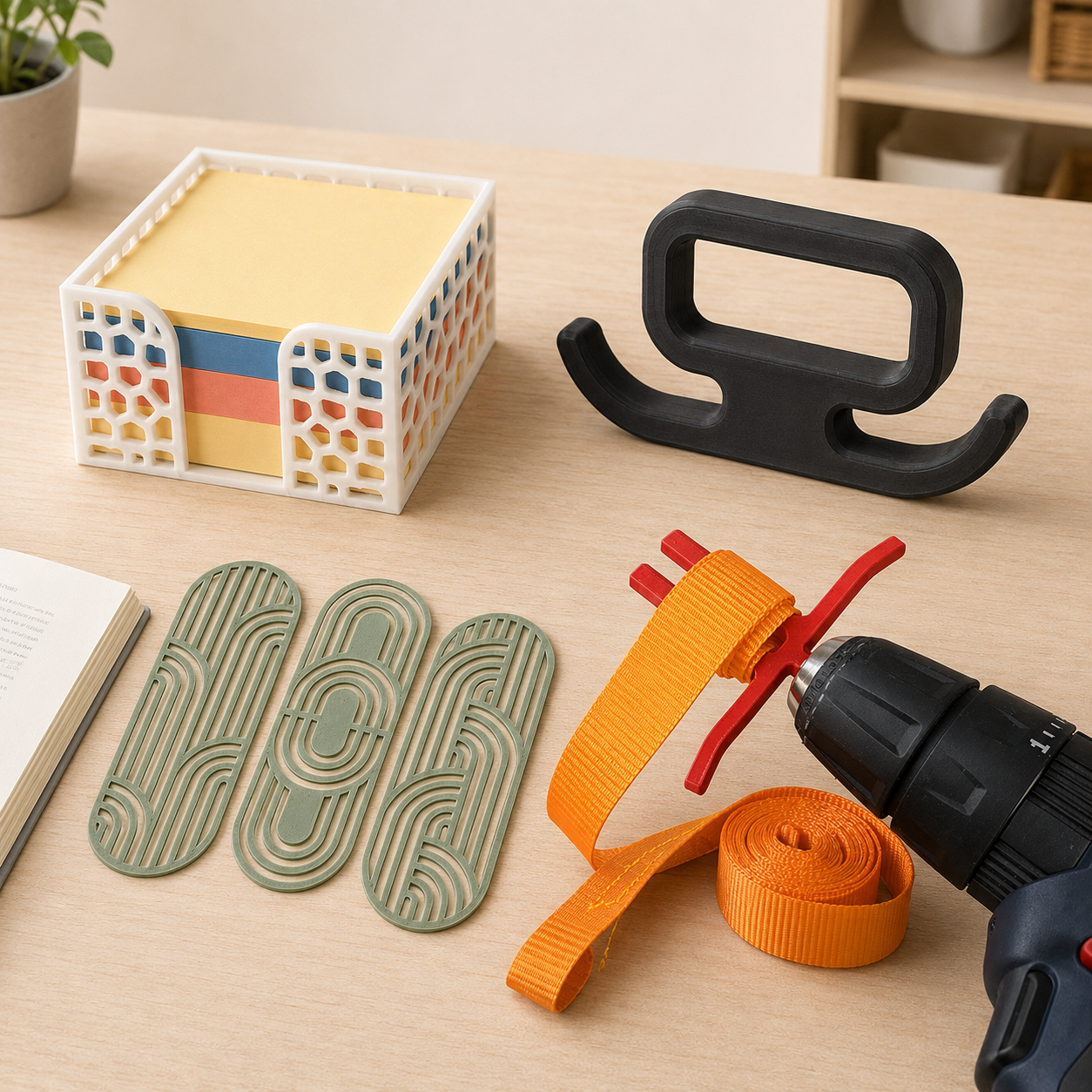Fyra nya svensktillverkade produkter från Formiq på ett ljust träbord: Post-it-hållare, svart bärkassehållare, tre gröna bokmärken och röd spännbandsrullare med orange band.