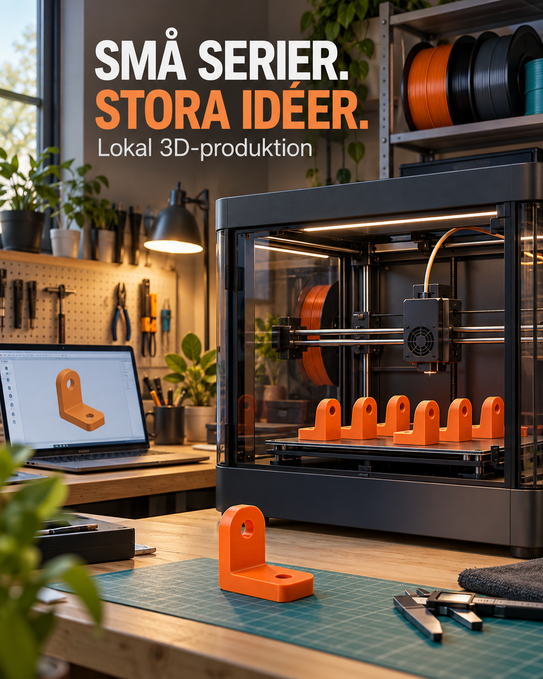 En modern 3D-skrivare tillverkar en rad orange funktionsdelar i en välordnad verkstad. På arbetsbordet ligger en färdig del och överst står ”Små serier. Stora idéer. Lokal 3D-produktion”.