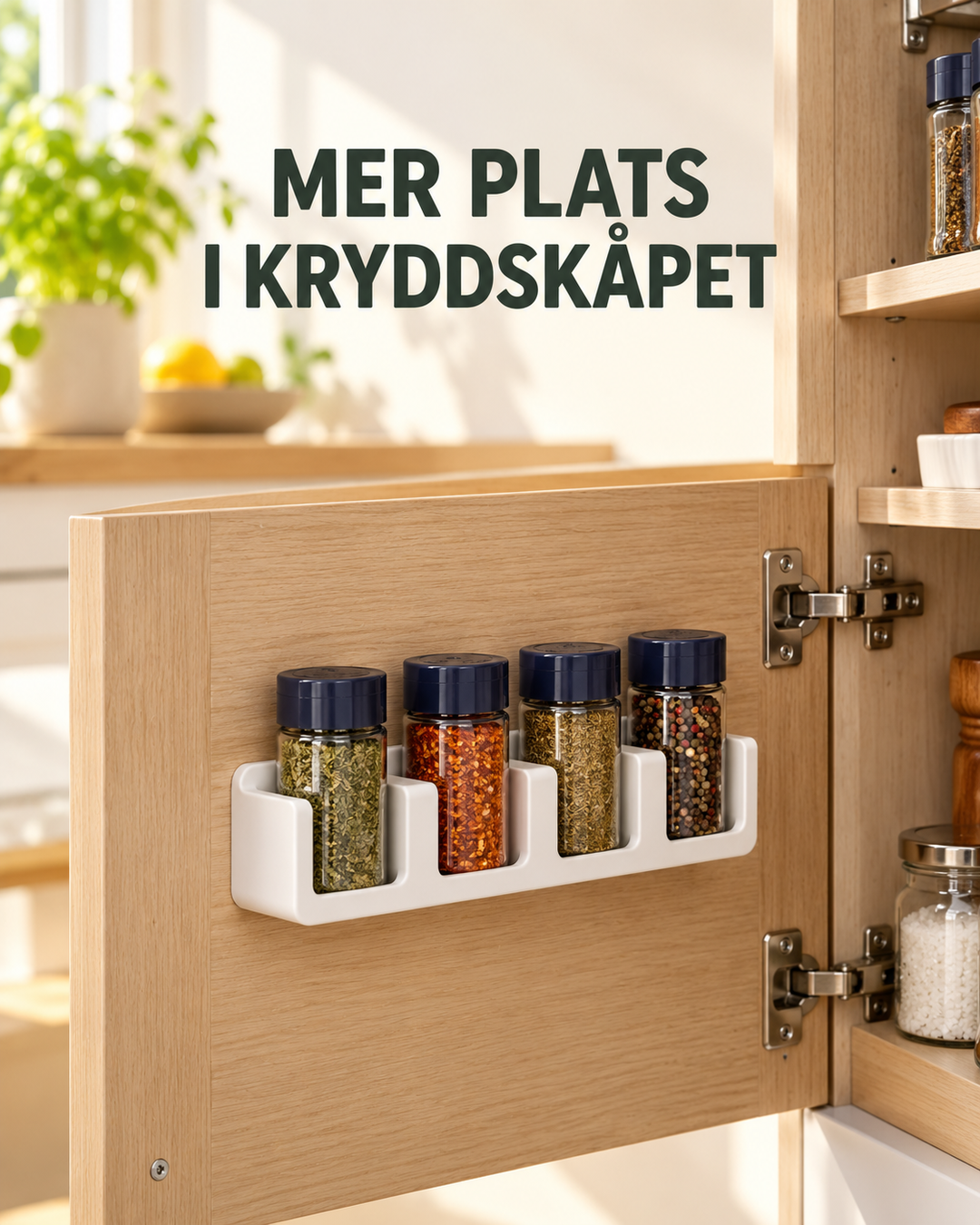 Fyra kryddburkar står i en vit Formiq-kryddhylla monterad på insidan av en ljus träfärgad kökslucka. Rubriken lyder ”Mer plats i kryddskåpet”.